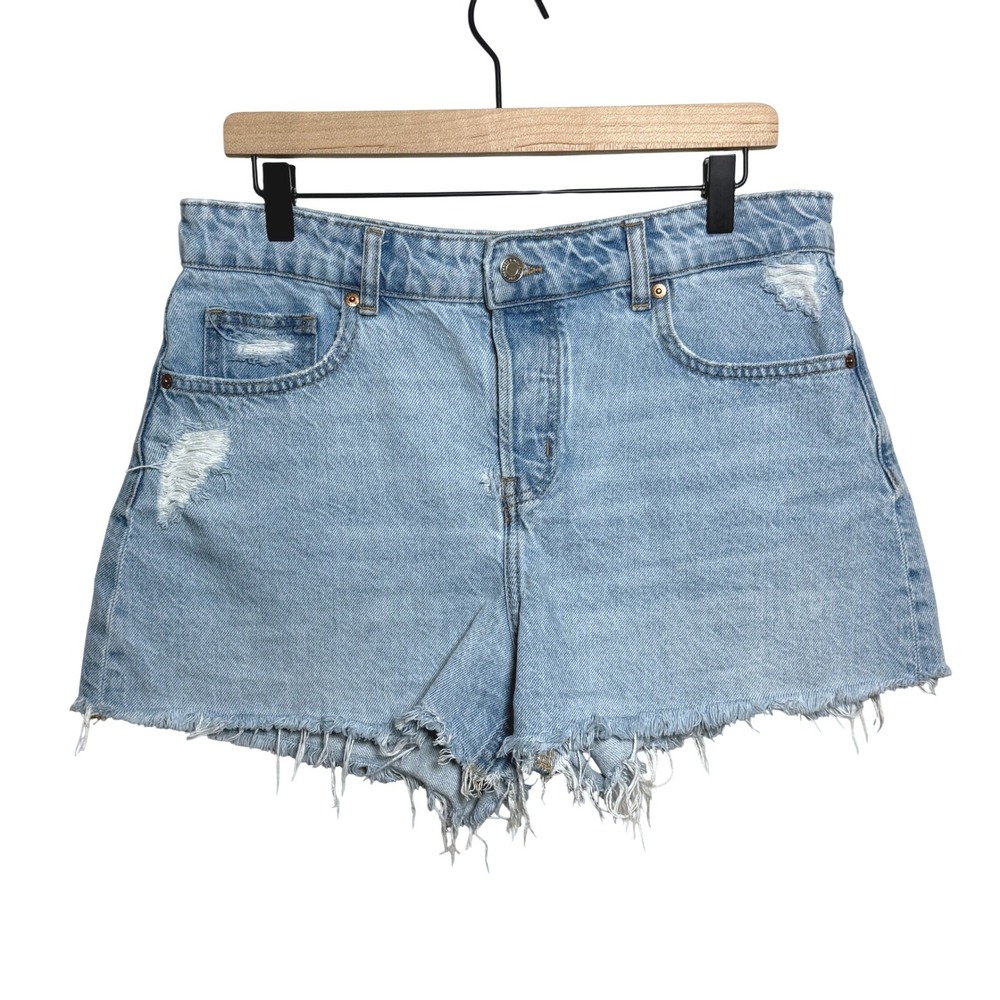 H&M Womens Cotton Denim Shorts 10‎ Light Blue Distressed Frayed Cutoff High Rise
